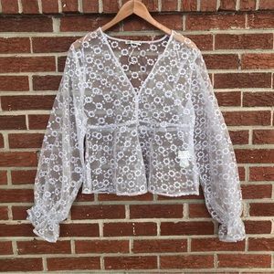 Zara Shear Embroidered Long Sleeve Blouse V Neck Purple Size Small